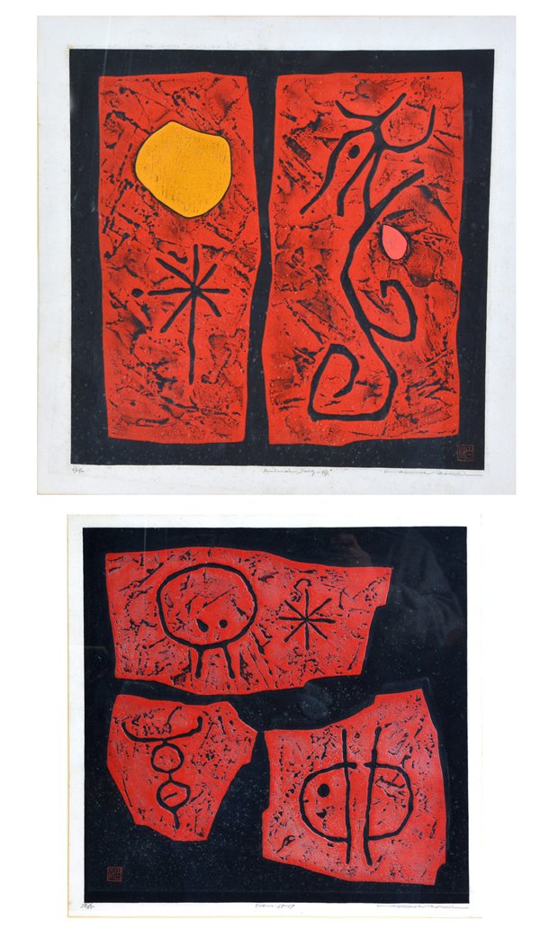 Haku Maki (Japanese, 1924-2000) Color Intaglio Prints: 2 Haku Maki (Japanese, 1924-2000) Color Intaglio Prints. Numbered, Titled and Signed in lower margin: (1) "23/65 Poem 68-19 Haku Maki"; (2) "43/50 Animal Song-FR Haku Maki", sheet size both 17.25" squ
