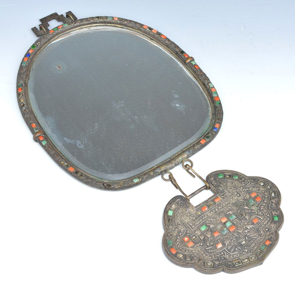 Chinese Silver Mirror, jade, coral and lapis inlay, (1 of 1)