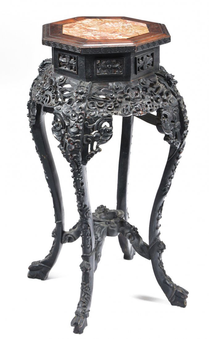 Chinese tall rosewood stand, inlaid marble top, 35.5"t (1 of 3)