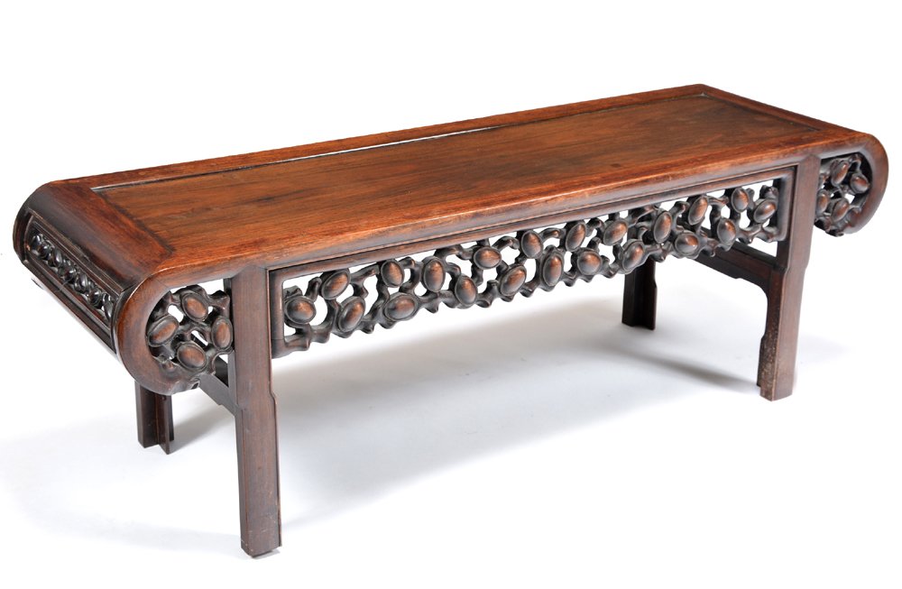 Chinese altar table with scroll sides and carved frieze: Chinese altar table with scroll sides and openwork carved pod and vine frieze, 17"h x 51"w x 16"d