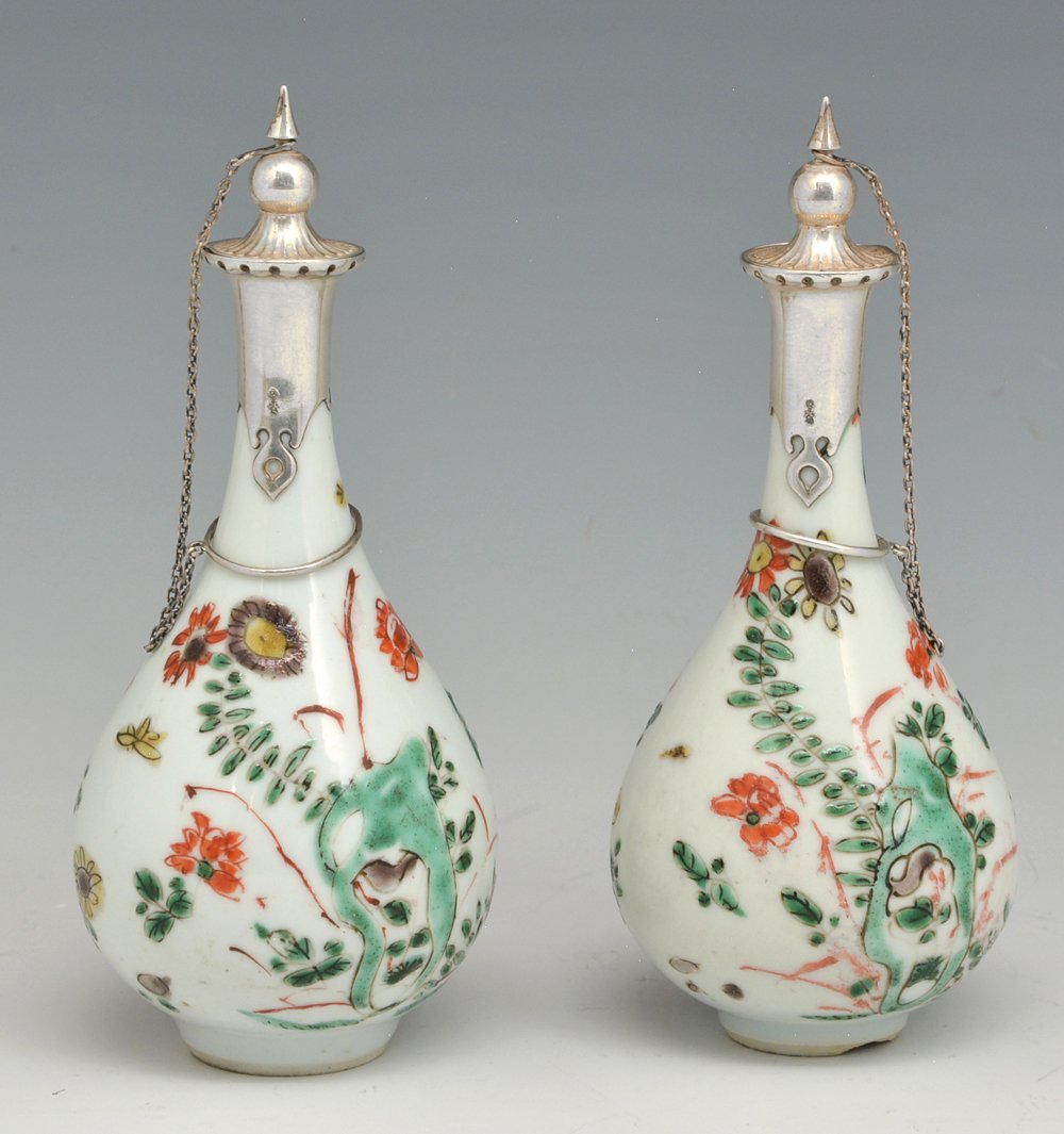 Pair Chinese silver clad porcelain vessels, 5.25" tall (1 of 2)