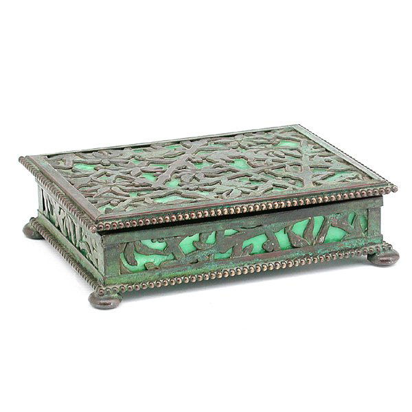 Apollo Studios Bronze & Slag Glass Box: BOX. Apollo Studios arts and crafts bronze over slag glass box on bun feet. 5.25" x 3.75" x 1.25" good patina, no loss to glass