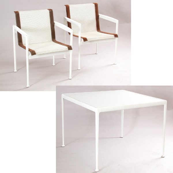 Richard Schultz "1966" Patio Furniture: PATIO SET. Richard Schultz "1966" Patio table #26, 37.75" x 37.75" x 28.5") and set of six #45 armchairs, 23" x 23" x 29", retailed by Limns, San Francisco, good condition