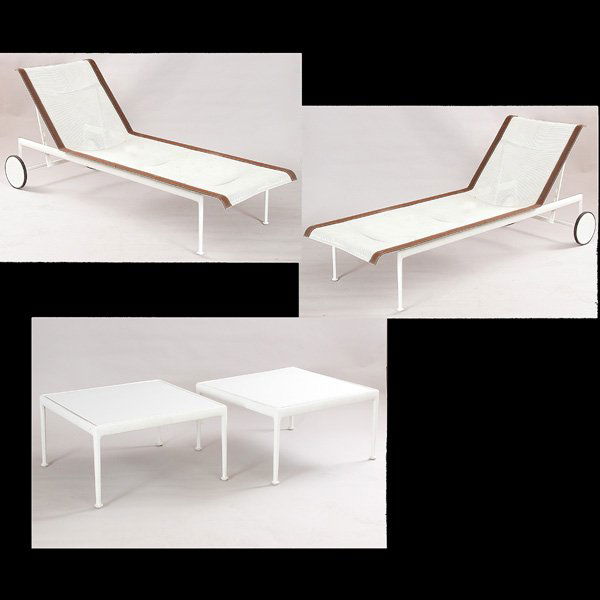 Richard Shultz "1966" Patio Furniture: PATIO FURNITURE. Pair of Richard Schultz "1966" adjustable chaise lounge chairs #42, 76" x 25.5" x 14", and pair of coffee tables # 21, 28" x 28" x 15.5", retailed by Limns, San Francisco, good condit
