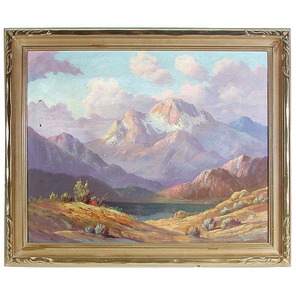 Charles Damrow Western Painting: PAINTING. Charles Damrow (Western 1916-1989), Landscape with Mountains, oil on canvas, signed lower right Chuck Damrow, 24.25" x 30.25", good original condition.