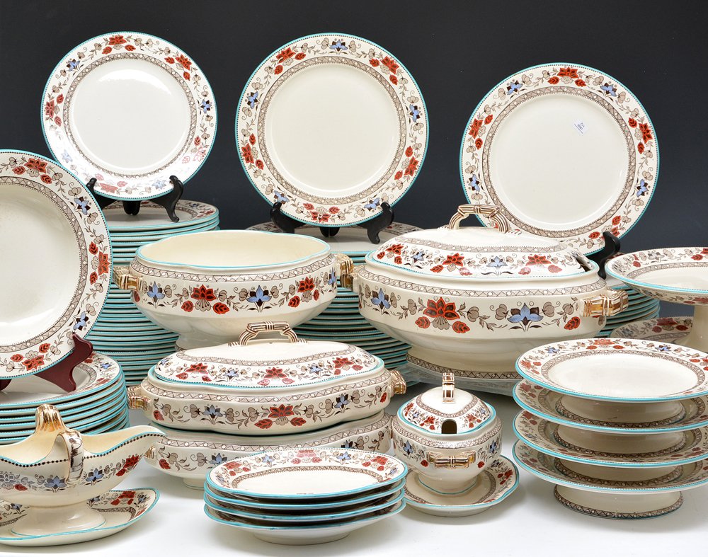 Wedgwood Dinnerware, 112 Pieces: Wedgwood dinnerware, white with floral band and turquoise rim, including: 60 Dinner plates 9 7/8"; 36 Salad plates 8 5/8"; 2 Tall compotes 9 3/8"; 4 Short compotes 8 1/2"; 4 Oblong serving dishes 7 3/