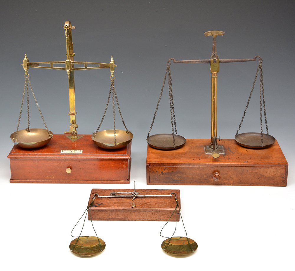 3 English Brass Balances: 3 English Brass Balances: 2 with stands, 1 with fitted case. Largest appx 15 1/2"h. Very good original condition.