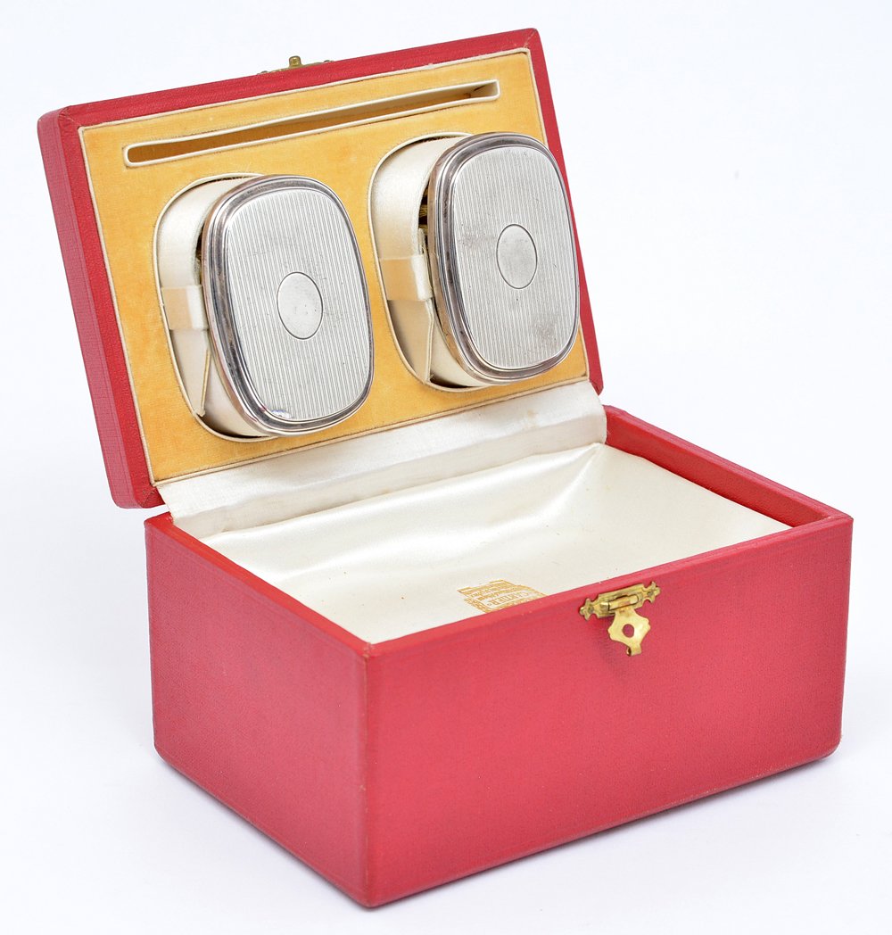 Cartier Sterling Silver Brush Set: Cartier sterling silver set of 2 brushes marked "B3-17", complete with original Cartier fitted box, lacking comb. Brush appx 2 5/8"l x 1 7/8"w.