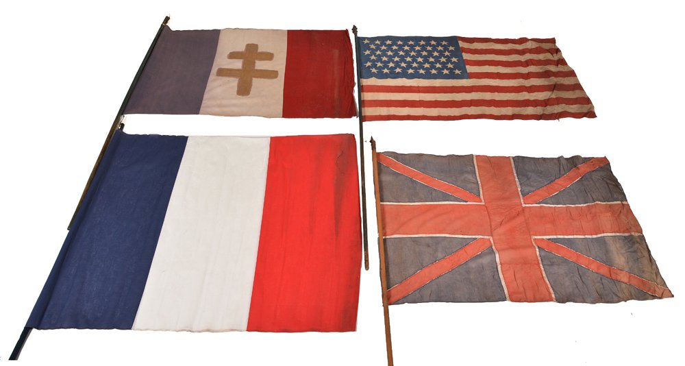 Original Paris Liberation Day Flags On Standards: Original Paris Liberation Day flags on standards: 3 Free French, 1 French, 1 British, and 3 American. Displayed on buildings on Paris Liberation Day, August 25, 1944. French flag appx 47"h x 57"w. Goo