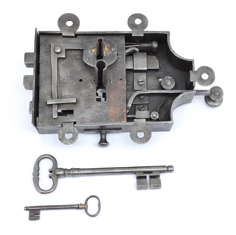 18th/19th C Hand Wrought Box Shaped Lock: 18th/19th c Hand wrought box shaped lock, dual double-throw deadbolts and a keyed latch, with keys. From the face, the latch is operated by a sliding lever, and the deadbolts by key. From the back, th