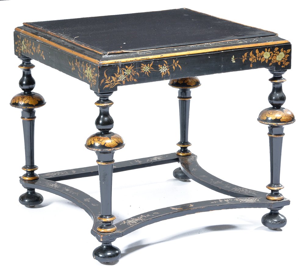 Black Lacquered Chinoiserie Low Table: Black lacquered chinoiserie low table with floral and gilt decoration. Appx 18 1/2"h x 20"w x 21"d.