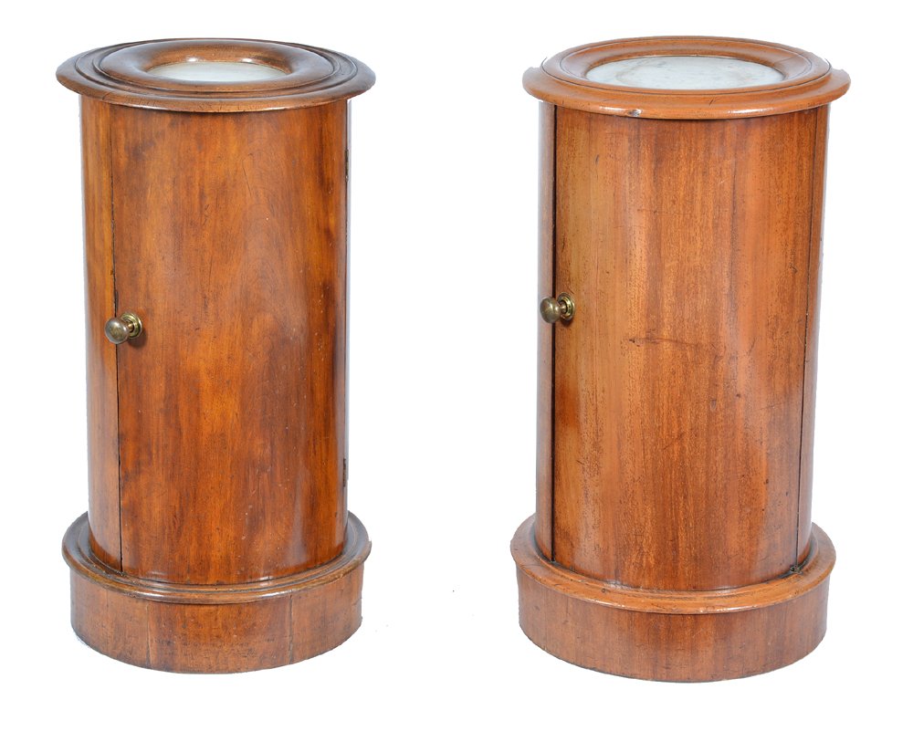 2 Victorian mahogany round commodes: 2 Victorian mahogany round commodes with marble tops and single doors, 19th c. Appx 29"h x 15"dia. Good condition.