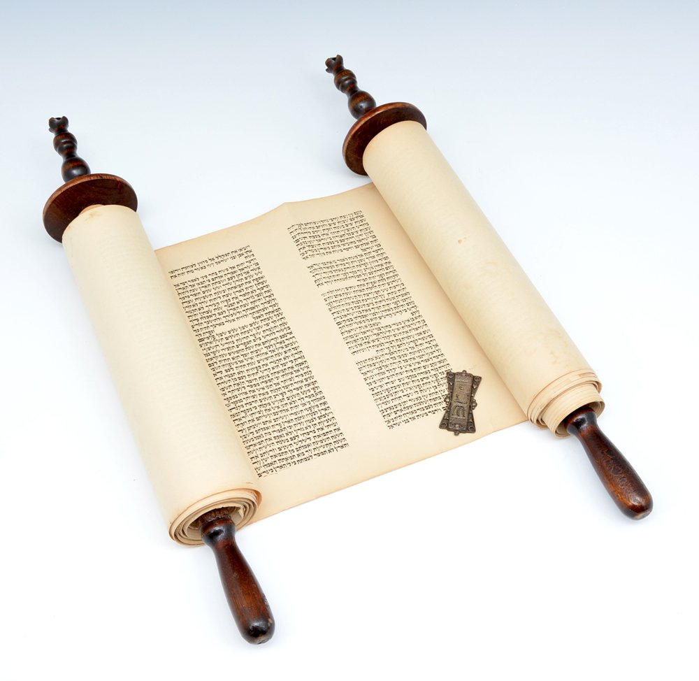 Torah scroll with silk mantle & silver Torah buckle (1 of 2)