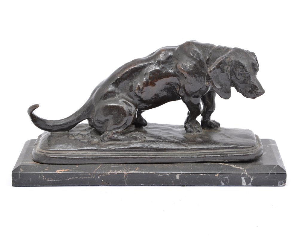 After Barye, bronze seated dog, 11 1/2" wide (1 of 4)