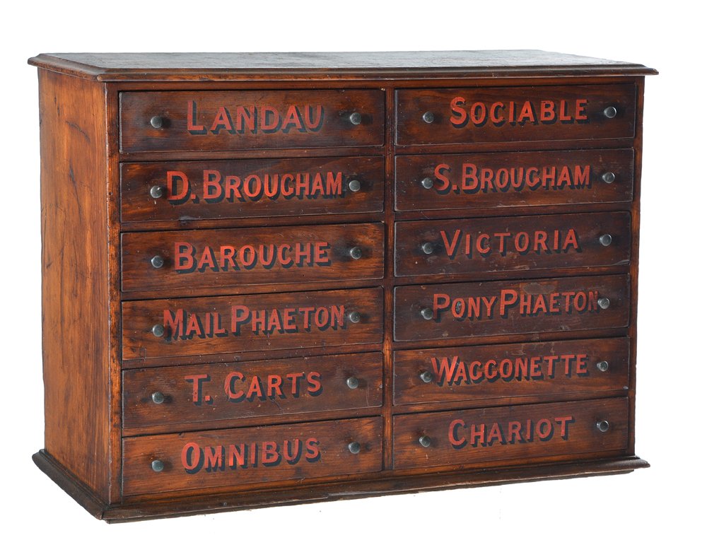 12 drawer cabinet labeled with carriage types, 19th c (1 of 1)