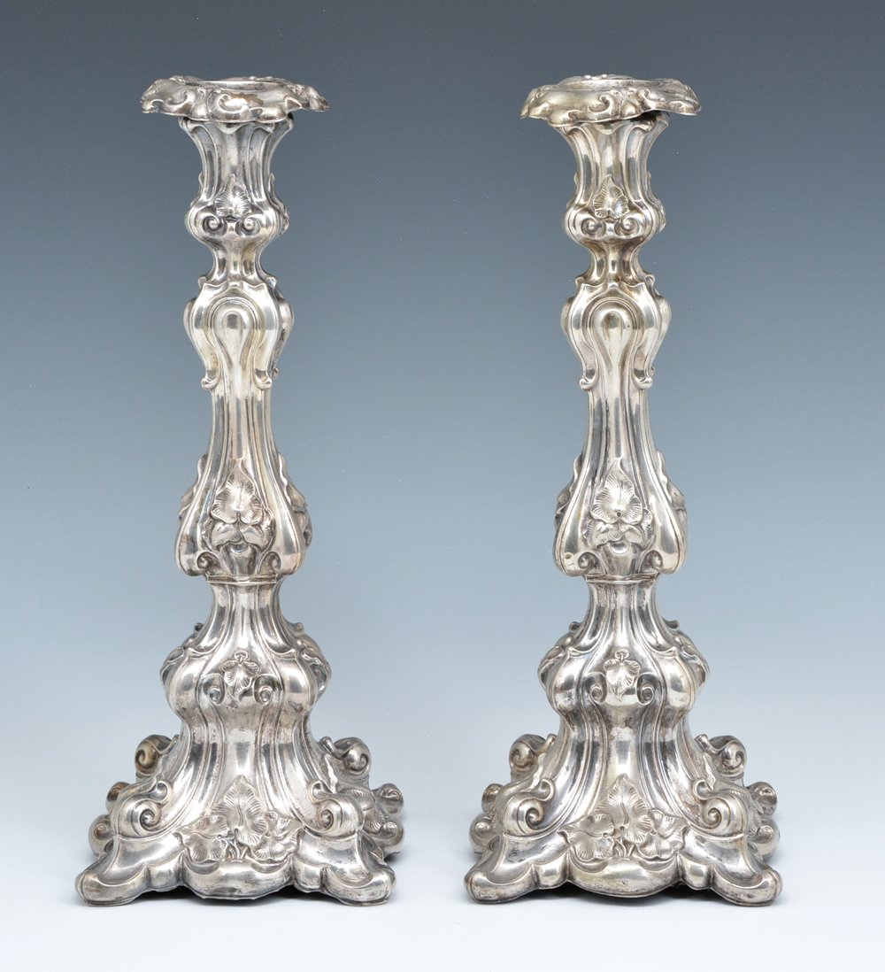 Pair of fancy continental silver candlesticks, 13 1/2" (1 of 4)