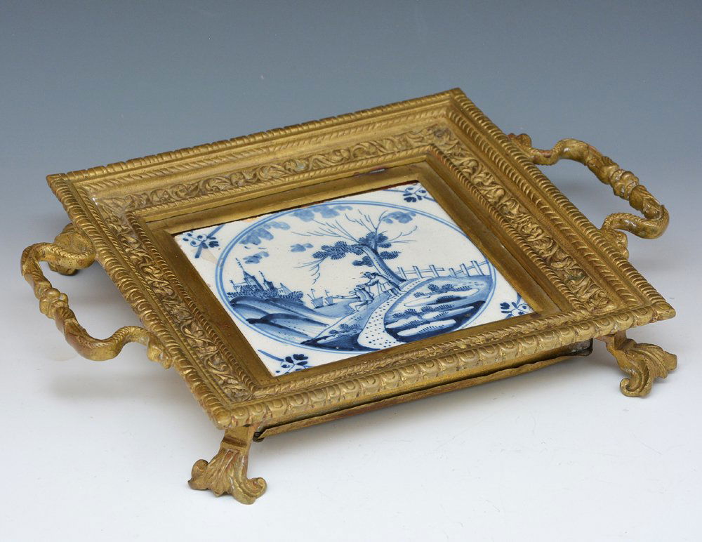 Brass trivet with early 18th c delft tile, 19th c (1 of 3)