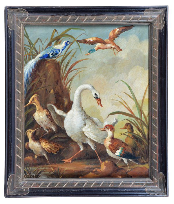 American school painting, waterfowl, monogram, 19th c (1 of 4)