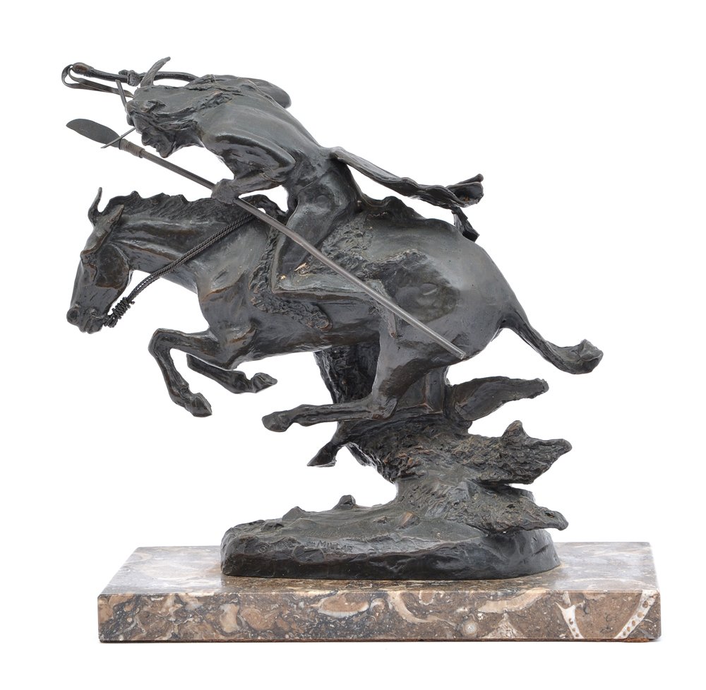 Bronze indian on charging horse, after Remington, 16: Bronze indian on charging horse, after Remington's "Cheyenne", marked "Frederic Remington by Millar" and "©1989" on base. Appx 16 1/2" x 16" x 6 1/2".