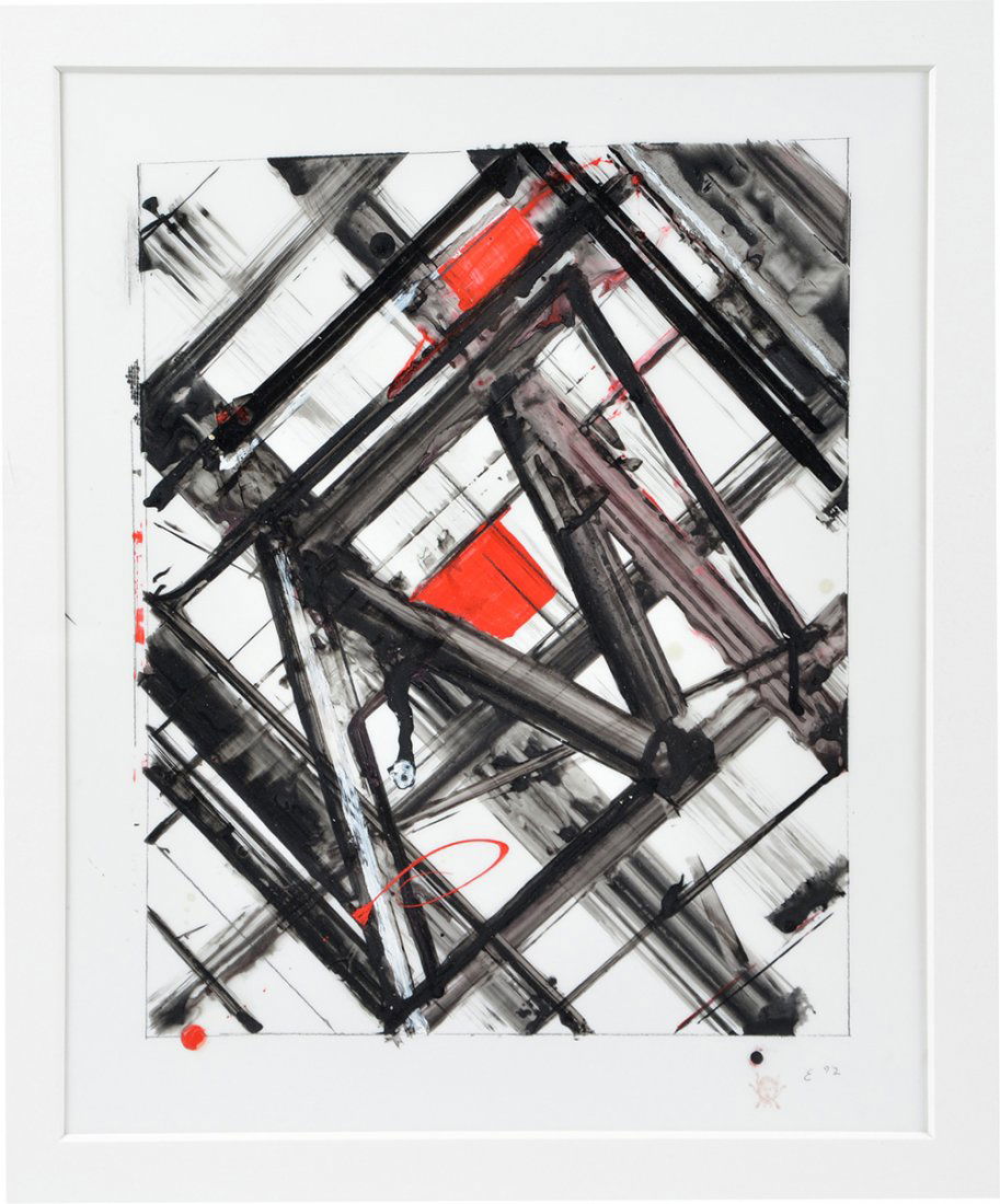 Ed Moses, "Grid", E 92, mixed media: Ed Moses (b. 1926), "Grid", mixed media, marked "E 92" in pencil and stamped in margin lower right. Image appx 16" x 13", viewed 19 1/2" x 16", frame measures appx 28 1/2" x 23 1/2". Very good conditi