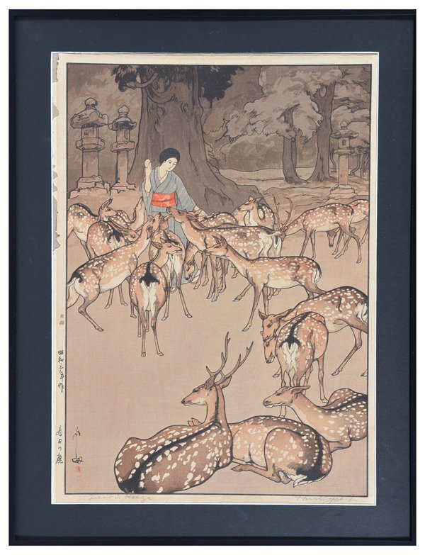 Hiroshi Yoshida woodblock, woman/ deer double oban: Hiroshi Yoshida (1876-1950) woodblock, "Deer in Kasuga", double oban size, jizuri mark (self published), titled and signed in pencil in lower margin, affixed to backing board, losses to upper left mar