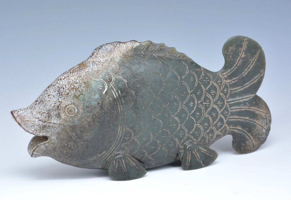 Chinese Han Dynasty Style Carved Fish: Chinese Han dynasty style carved nephrite fish, 10.25" x 5.5" no chips or cracks.