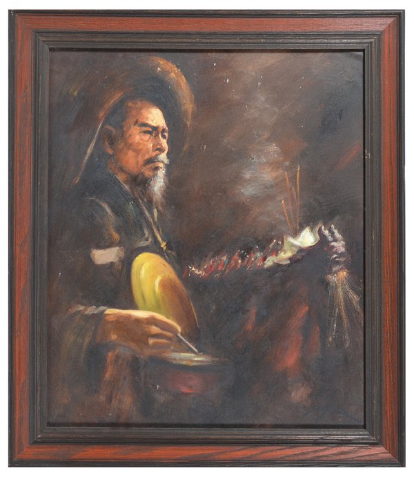 Chinese painting, Man with hat and incense: Chinese painting, Man with hat and incense, indistinctly signed lower right, oil on board 24" x 20", Frame: 28" x 24 1/2"