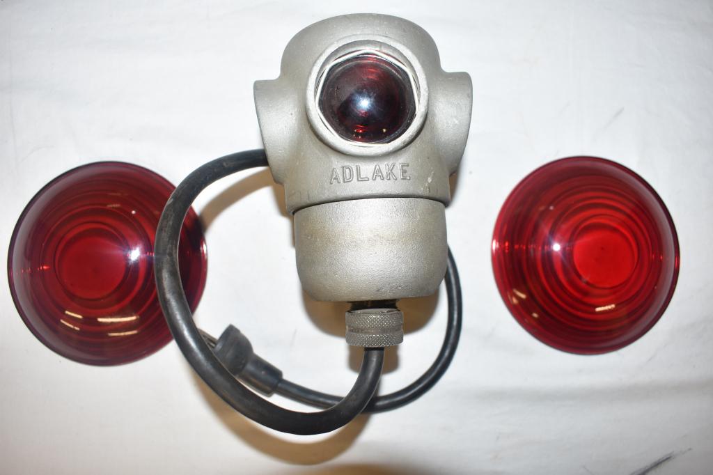 Adlake Railroad Light & 2 Kopp Glass Red Lenses: Lenses marked "Kopp Glass" & " 5 3/8 L. 3 1./2 F." Metal light marked Adlake with blue and red lenses.