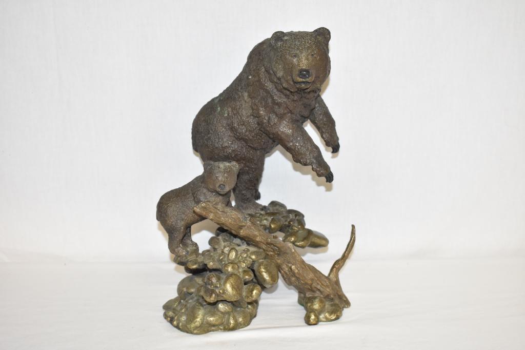 Mark Hopkins "No Trespassing" Bear & Cub Bronze: Grizzly bear with cub, 13" tall. Fully signed, numbered 162 / 550 and foundry stamp on back side of base. Dr. Michael O'Banion Estate.