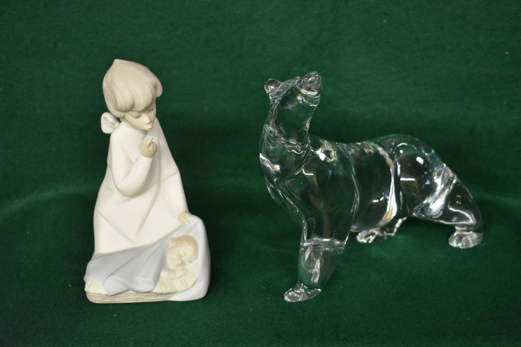 Lladro Angel and Bear Statues: Angel with baby is marked Lladro Hand Made in Spain KA11 PS and is 7" x 3 1/2" . Crystal bear is 8" x 6 1/2" and stamped Lladro DAISA .