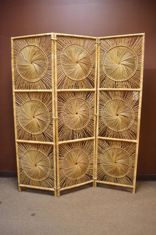 Rattan Three Panel Room Divider / Dressing Screen: Each panel is 72" x 20". Small area rattan is loose, see photos. Local pickup or shipping outsourced.