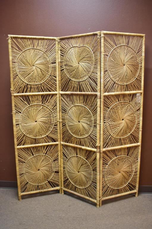 Rattan Three Panel Room Divider / Dressing Screen: Each panel is 72" x 20". Small area rattan is loose, see photos. Local pickup or shipping outsourced.