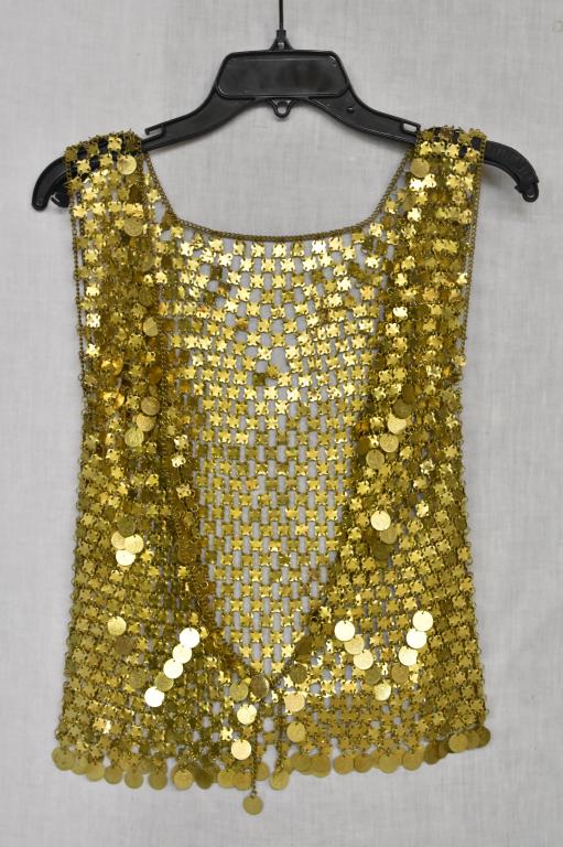 Designer Metal Mesh and Coin Vest: Vest is gold tone with coins hanging. Missing 2 links on back. Approximate size small.