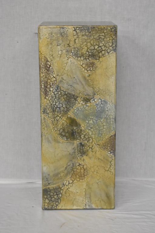 Multi Colored Pedestal: Pedestal is in muted aqua, gold and maroons. 30" tall and 12" x 12". Matches Lot 158. Local pick up or outsource shipping.