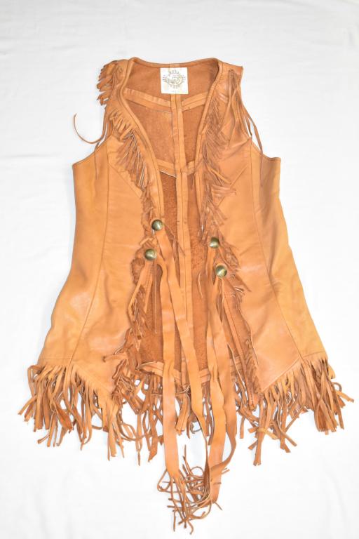 Char Design Santa Fe Leather Vest: Has fringe and buffalo nickel buttons. Size S.