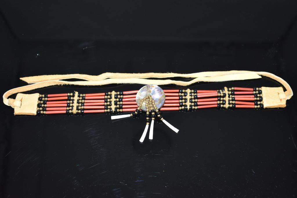 Handmade Abalone & Leather Beaded Choker: Abalone medallion shield with black, gold and red beads hanging from it. 11 1/2” long not counting leather ties.