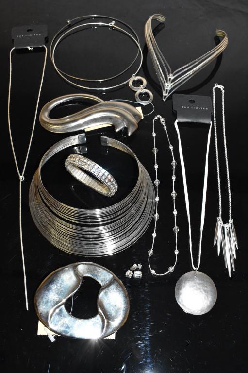 Costume Jewelry & 2 Designer Belt buckles: 13 pieces of jewelry. 2 Ginnie Johansen belt buckles. Plus necklaces, bracelets and earrings.