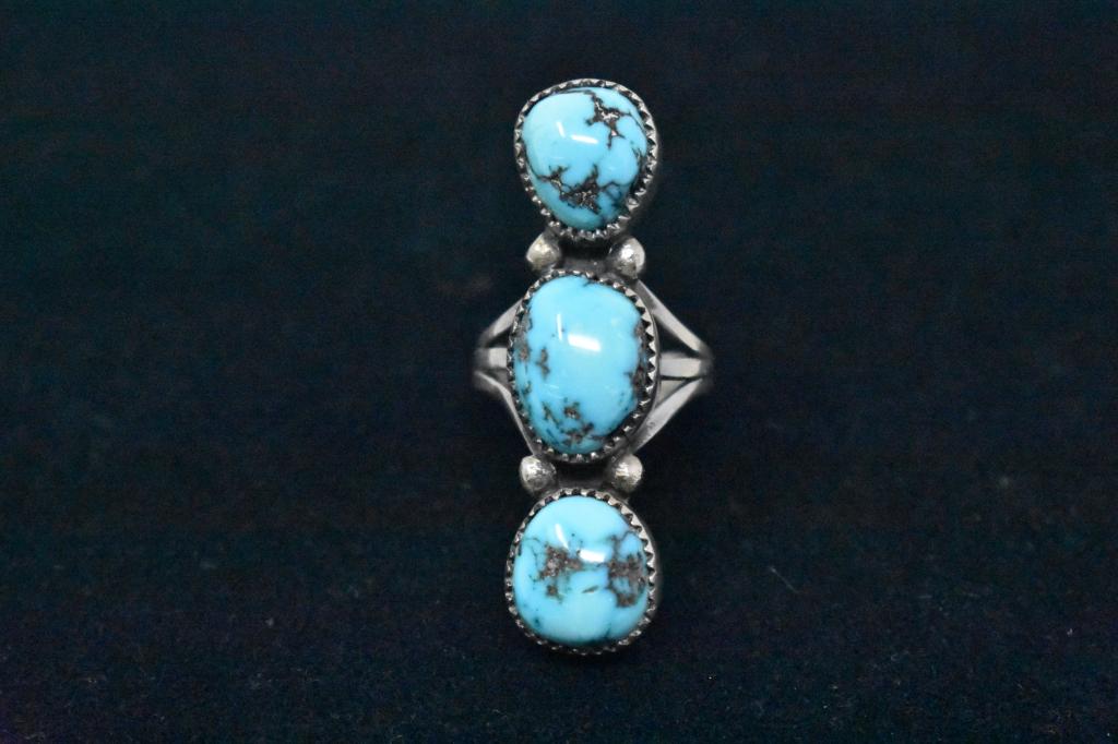 Turquoise & Sterling 3 Stone Ring. Signed: Ring has markers mark that looks like either a bear or moose. See photos. Approximate size 14.