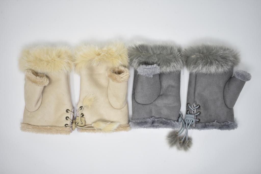 Two Pair of Suede and Fur Fingerless Gloves: Light gray and cream. Like new.