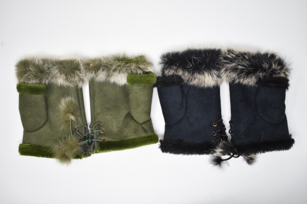 Two Pair of Suede and Fur Fingerless Gloves: Black and olive green Like new.