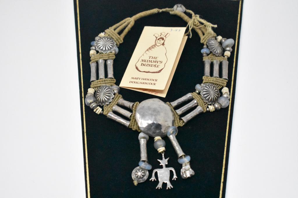 Mary & Doug Hancock Handmade Sterling Choker: Card with this macrame & sterling choker, states “the Naxa Man Choker. The little sterling man in this choker is a replica of a little clay man we found in Naxa, Peru......” Please read photo of c