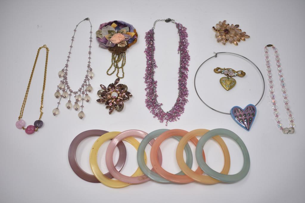 Costume Jewelry. Some Designer: 16 pieces. Beverly Gayle Broach. 1-Schio chocker. Locket pine, Azd necklace plus more.