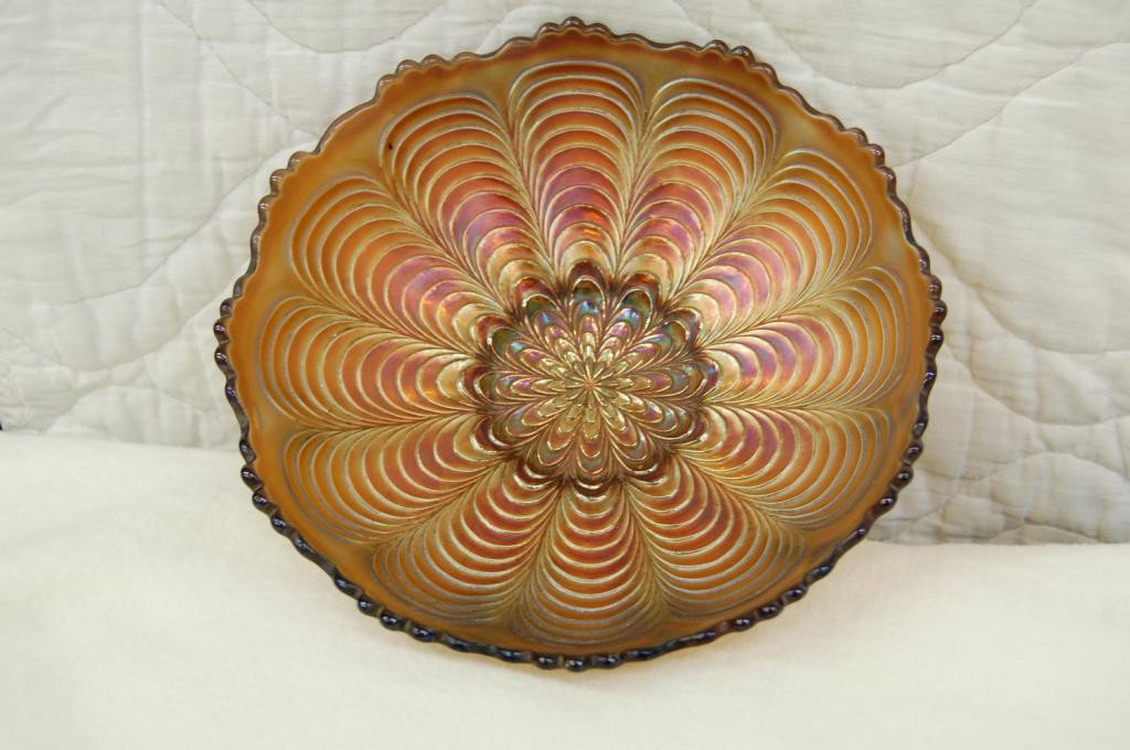 PEACOCK FEATHER LIGHT LAVENDER CARNIVAL GLASS BOWL: 6 3/4 INCHES.