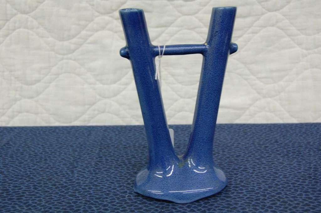 WELLER MONOCHROME DOUBLE STICK VASE: 1903-04. 7 1/2 INCHES. SMALL FLEA BITE ON ONE RIM OTHERWISE GOOD CONDITION.