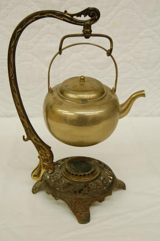 BRADLEY AND HUBBARD TEA KETTLE WARMER: MARKED ON BOTTOM B&H 1615. BURNER IS MISSING TOP COVER.