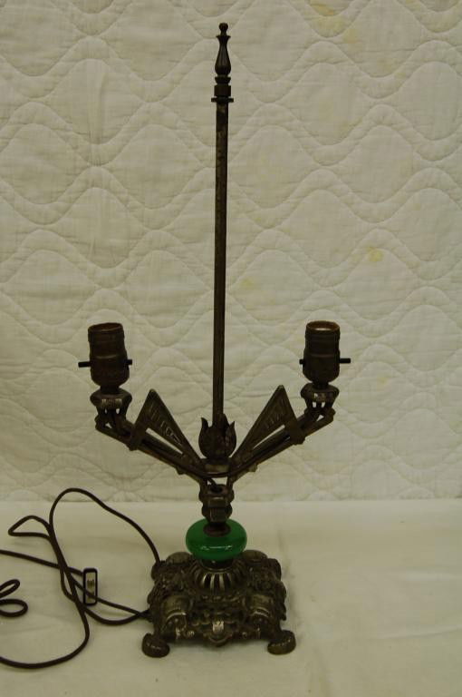 EGYPTIAN STYLE TABLE LAMP WITH JADITE: DOUBLE LIGHTS. 22 INCHES TALL. GOOD CONDTION