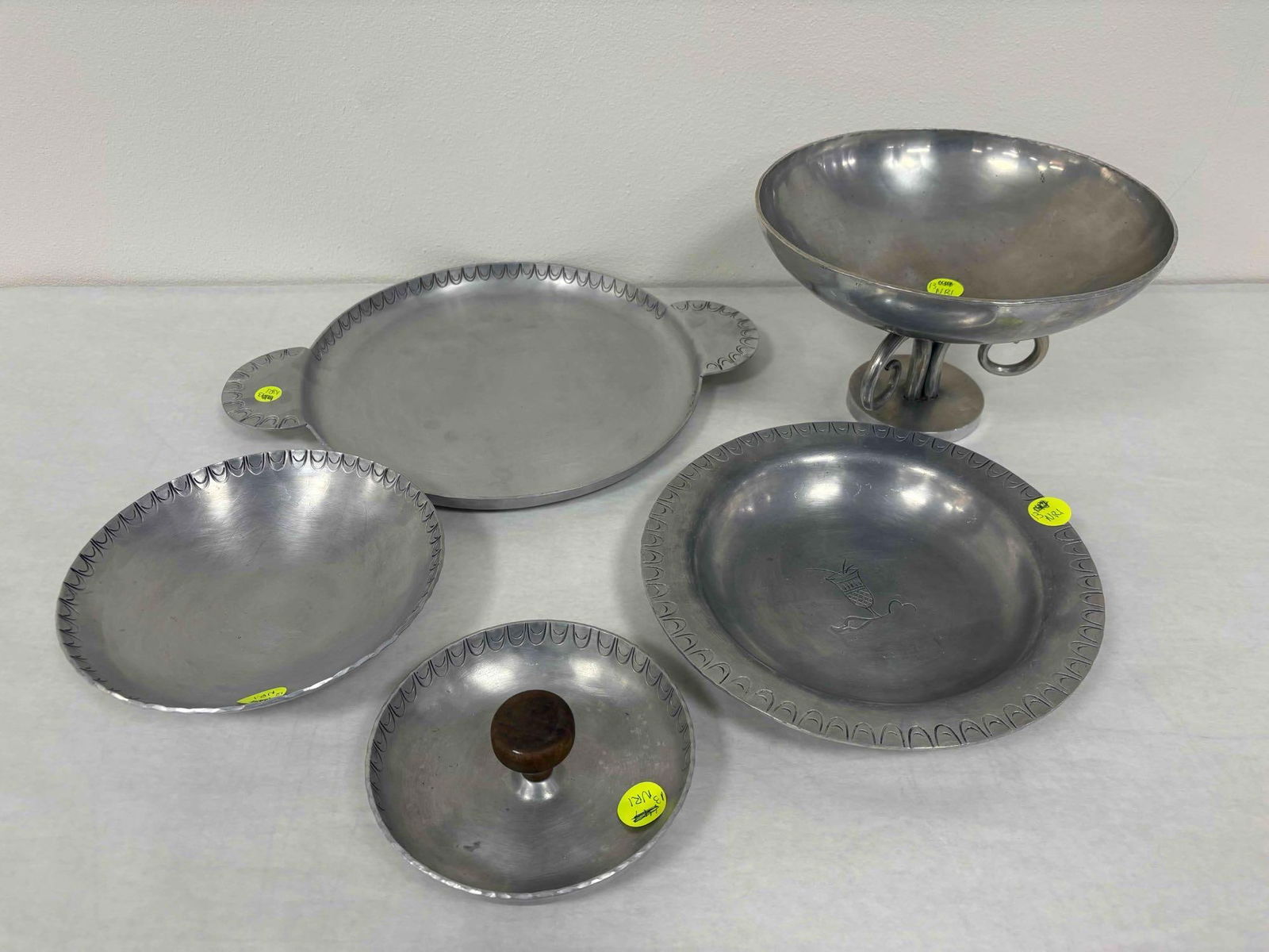 Palmer Smith Hammered Aluminum Seven Piece Console and Serving Set: This stunning seven piece console and serving set in hammered aluminum by Palmer Smith is sure to strike up conversation at your next event or gathering. The console set features the Sprout motif, whi