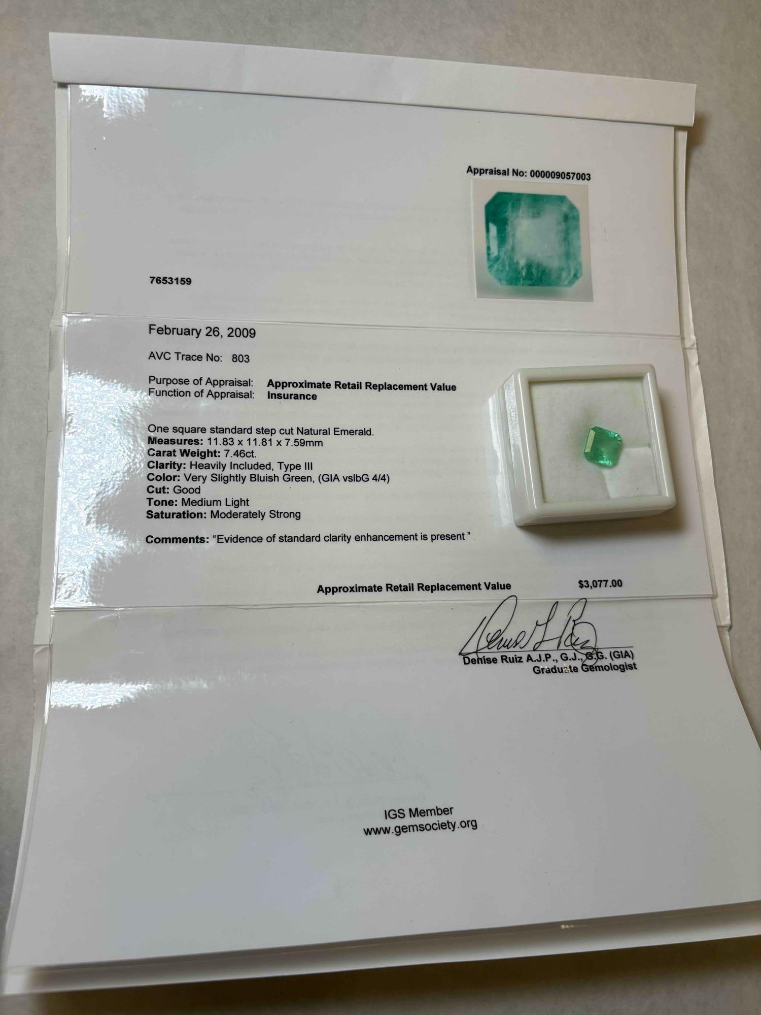 7.46CT Natural Emerald Square Standard Step Cut 11.83 x 11.81 x 7.59mm: 7.46CT Natural Emerald Square Standard Step Cut 11.83 x 11.81 x 7.59mm Appraisal NOT completed by Cady Auction. Consignor supplied appraisal paperwork with an assumed value of $3,077.00