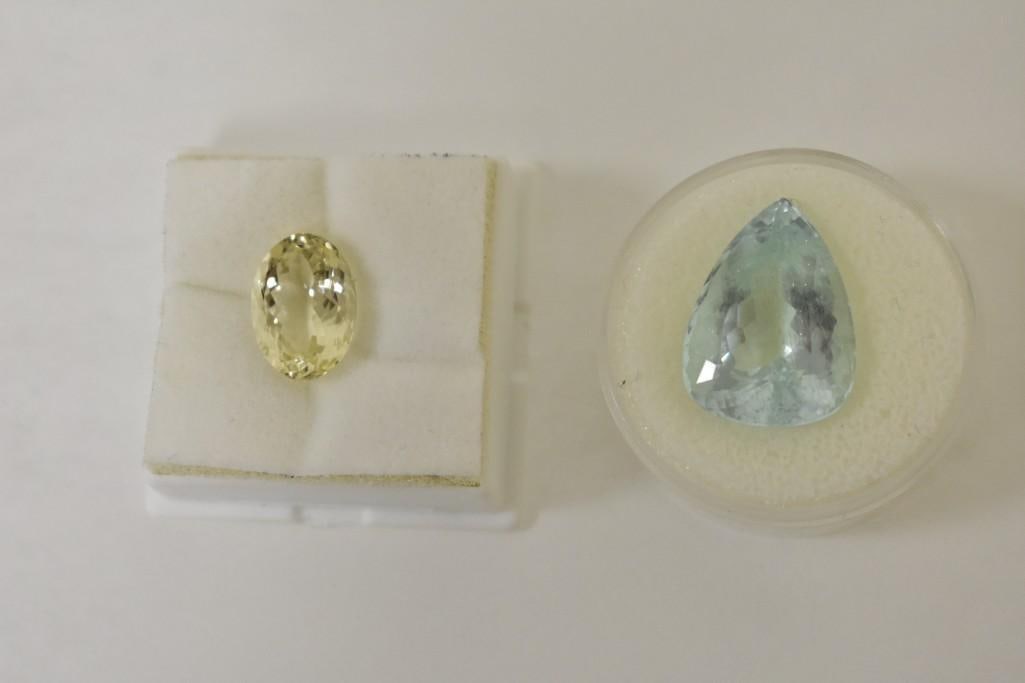 5.27CT Unheated Golden Beryl 14x10mm Oval Cut & 19.69CT 21x15mm Unheated Aquamarine Pear:  