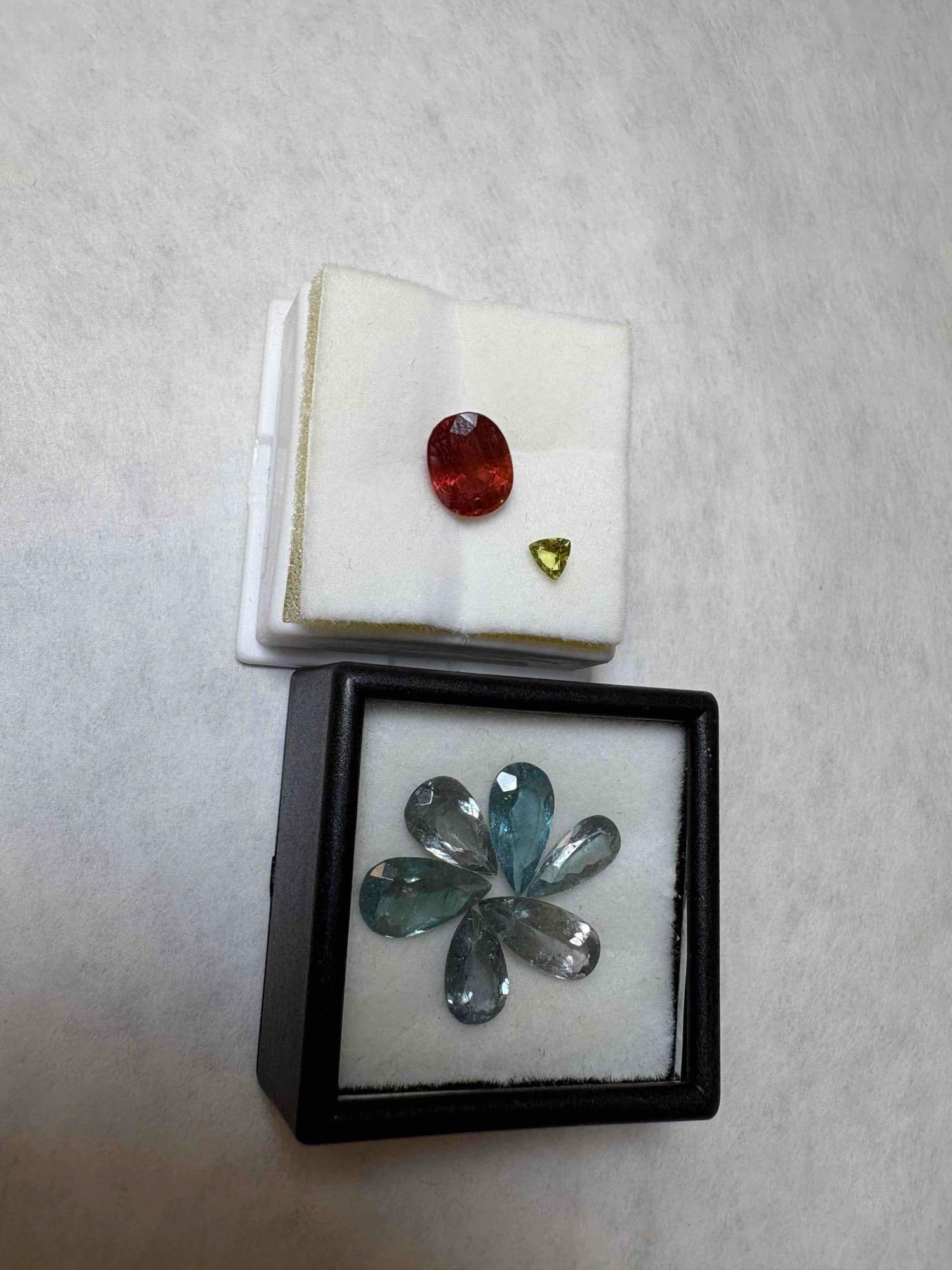 3.02CT 7x9mm Rubellite Tourmaline Oval Cut, 6 Blue Green Tourmaline Pear Cut, & Treated Canary To...: 3.02CT 7x9mm Rubellite Tourmaline Oval Cut, 6 Blue Green Tourmaline Pear Cut, & Treated Canary Tourmaline 4x4mm